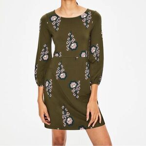 Boden Lucie Green Pink Retro Floral Print 3/4 Sleeve Jersey Dress size 6L